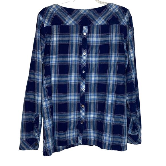 J Jill Womens Size XS Blue Plaid Blouse Top Back Buttons Cotton Boat Neck - Picture 7 of 10